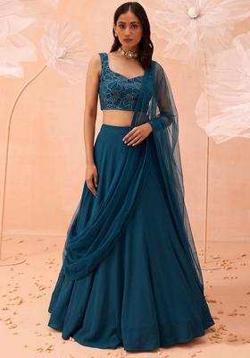 Teal Mirror Work Poly Blend Lehenga Set