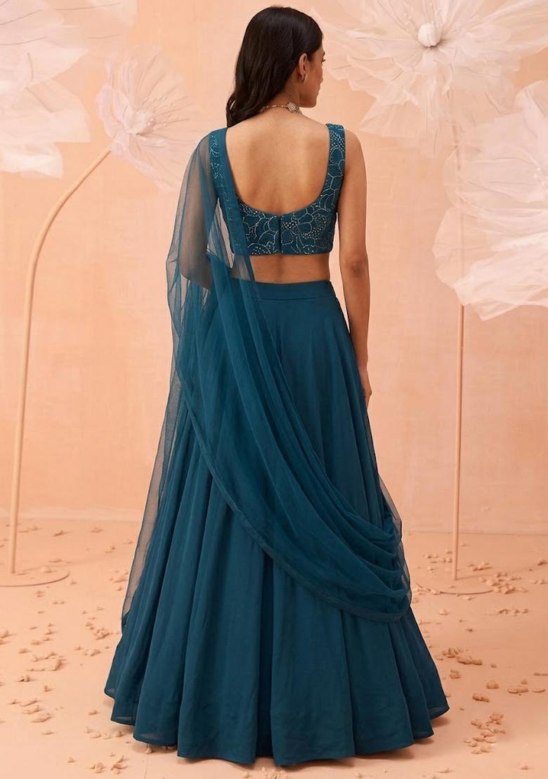Teal Mirror Work Poly Blend Lehenga Set - Indya