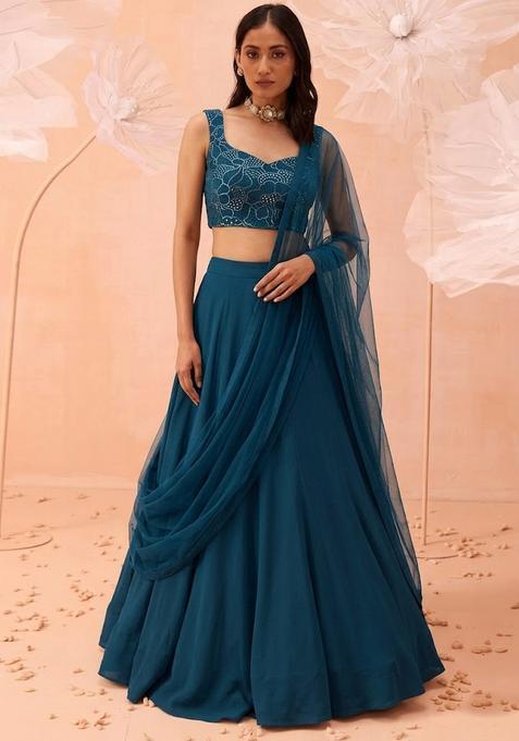 Teal Mirror Work Georgette Lehenga Set