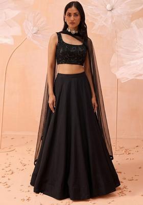 Black Sequin Work Poly Blend Lehenga Set