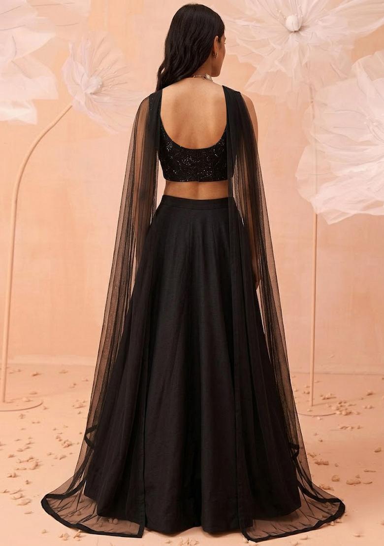 Black Sequin Work Poly Blend Lehenga Set - Indya