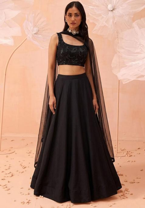 Black Sequin Work Poly Blend Lehenga Set