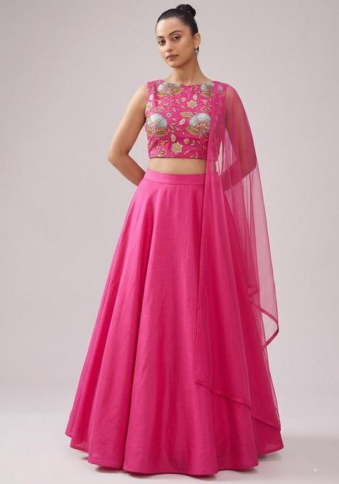 Rani Pink Embroidered Handwork Silk Blend Lehenga Set