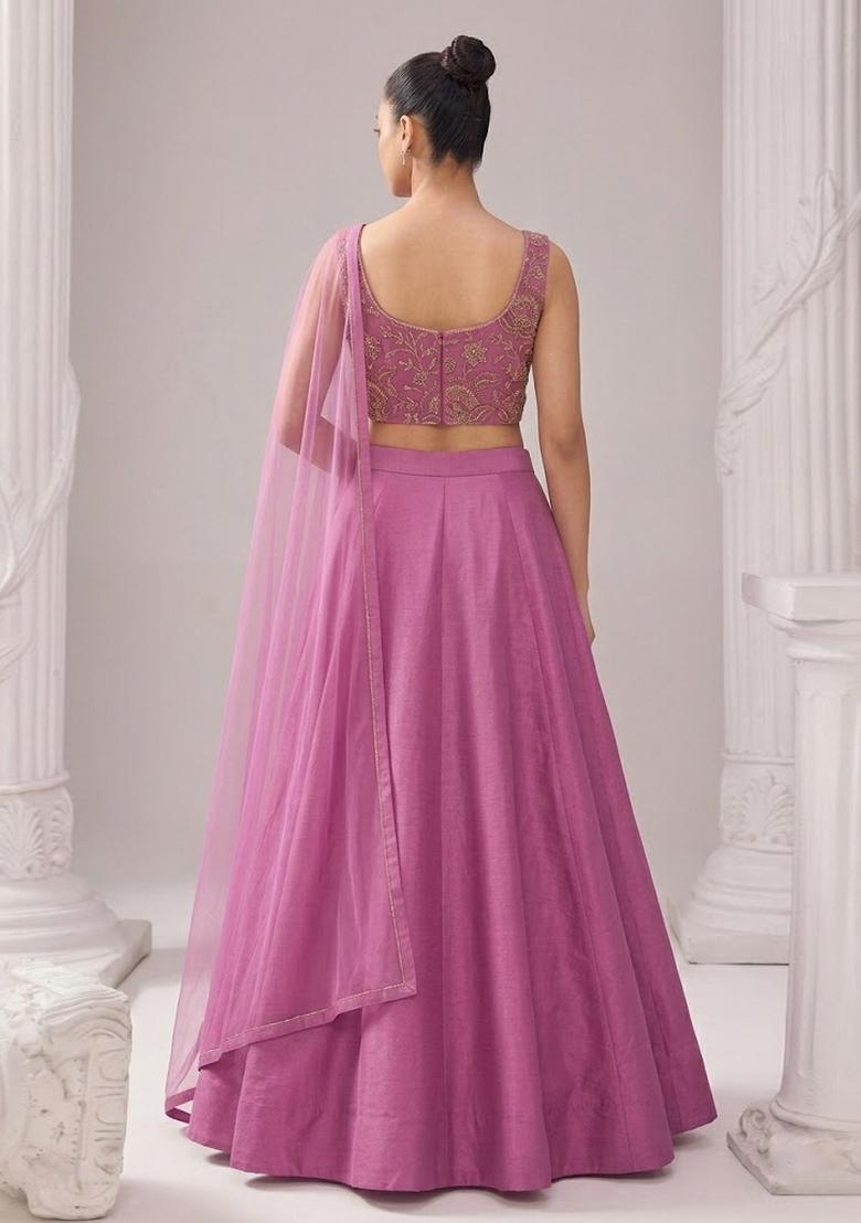 Mauve Printed Organza Lehenga Set - Indya
