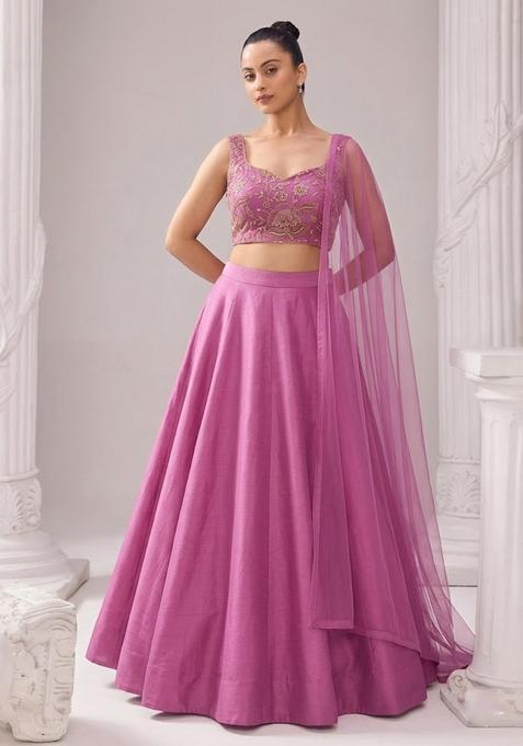 Mauve Embroidered Silk Blend Lehenga Set