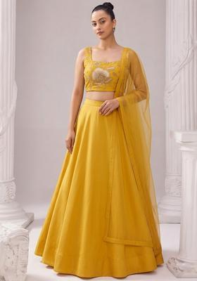 Mustard Printed Organza Lehenga Set