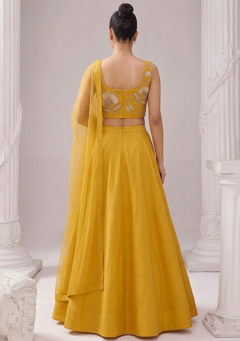 Mustard Printed Organza Lehenga Set - Indya