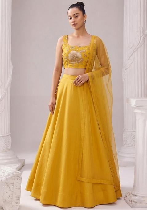 Mustard Embroidered Handwork Silk Blend Lehenga Set