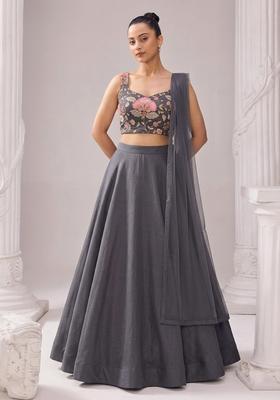 Charcoal Grey Printed Organza Lehenga Set