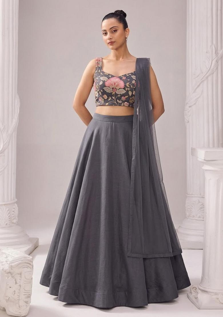 Charcoal Grey Printed Organza Lehenga Set - Indya