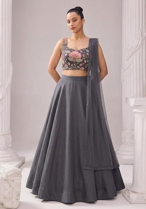 Charcoal Grey Printed Organza Lehenga Set