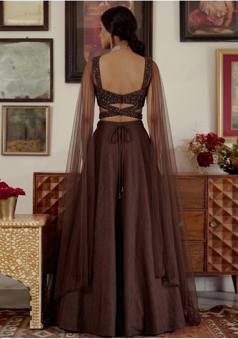 Chocolate Brown Sequin Net Lehenga Set - Indya