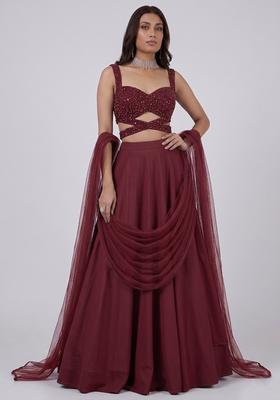 Maroon Sequin Net Lehenga Set
