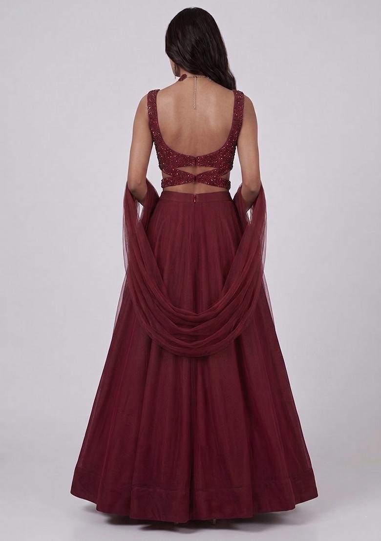 Maroon Sequin Net Lehenga Set - Indya