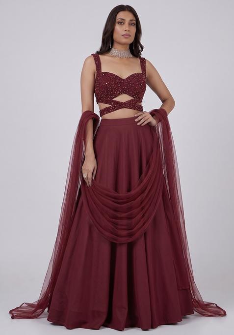 Maroon Sequin Net Lehenga Set