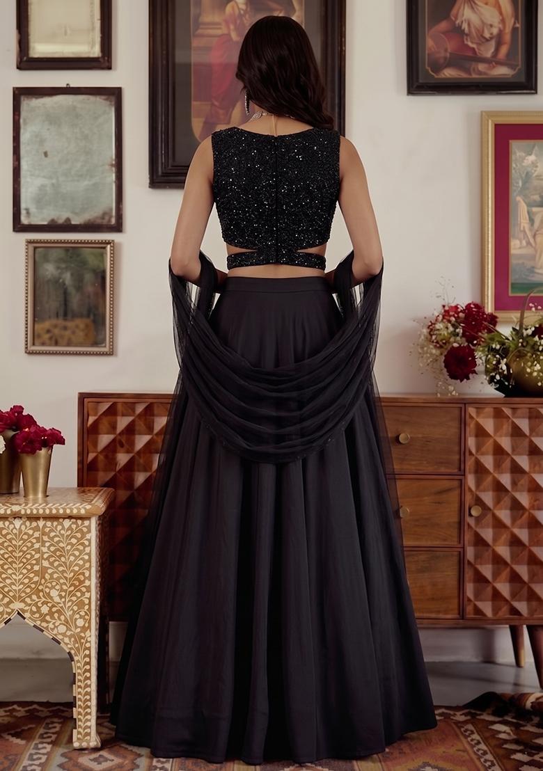 Black Sequin Net Lehenga Set - Indya