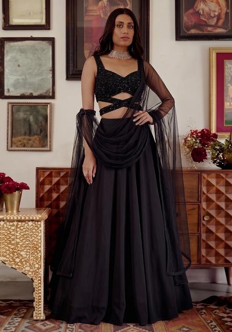 Black Sequin Work Silk Blend Lehenga Set