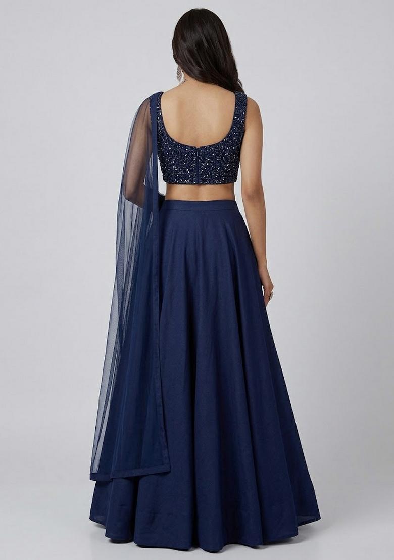 Navy Blue Sequin Net Lehenga Set - Indya