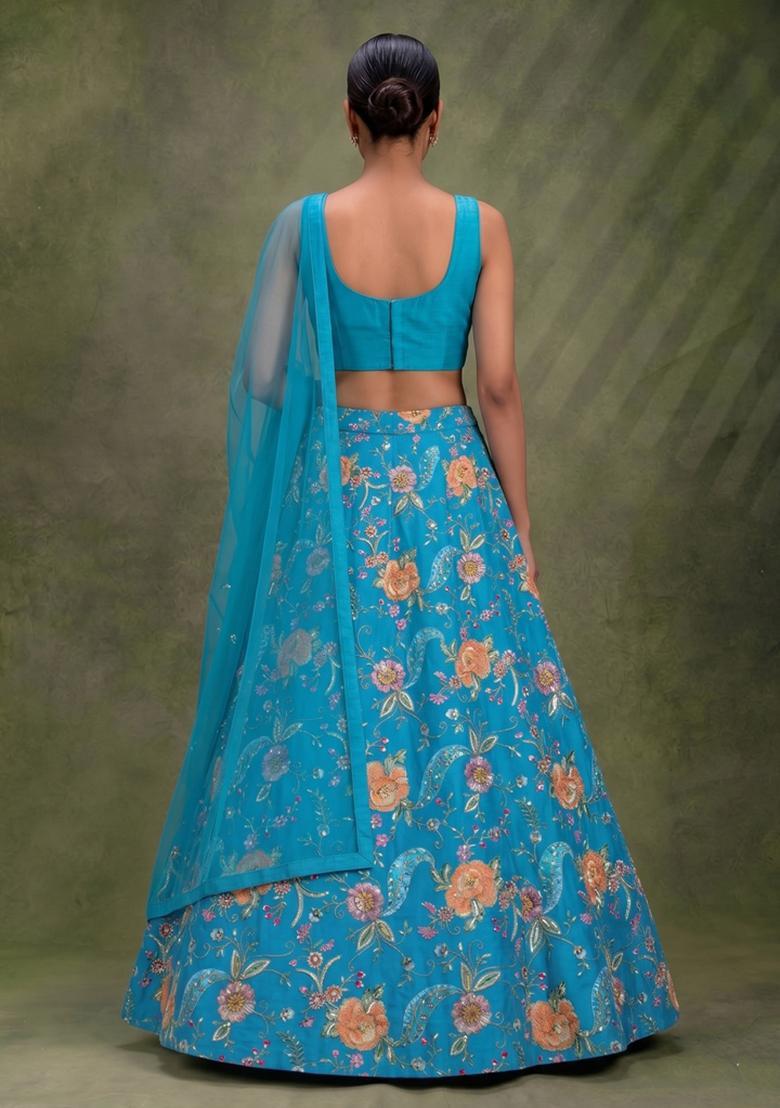 Turquoise Blue Printed Crepe Lehenga Set - Indya