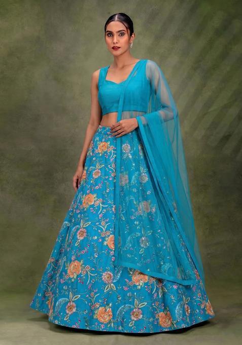 Turquoise Blue Embroidered Silk Blend Lehenga Set