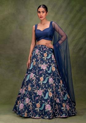 Navy Blue Printed Crepe Lehenga Set