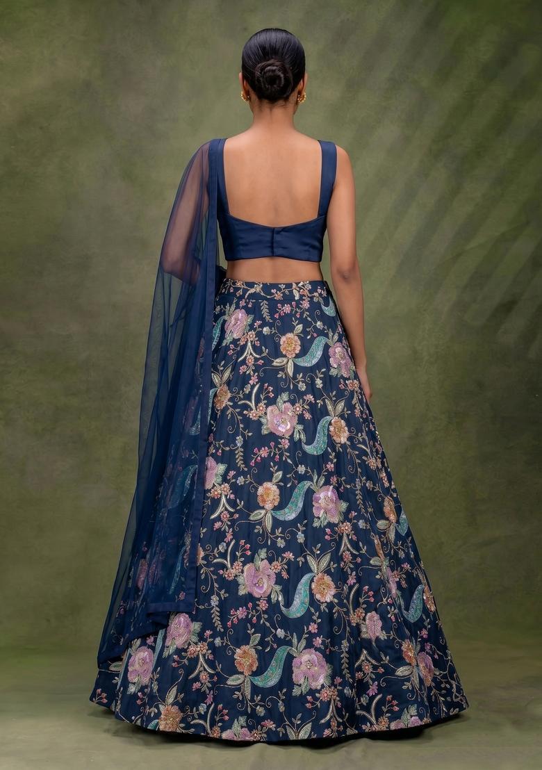 Navy Blue Printed Crepe Lehenga Set - Indya