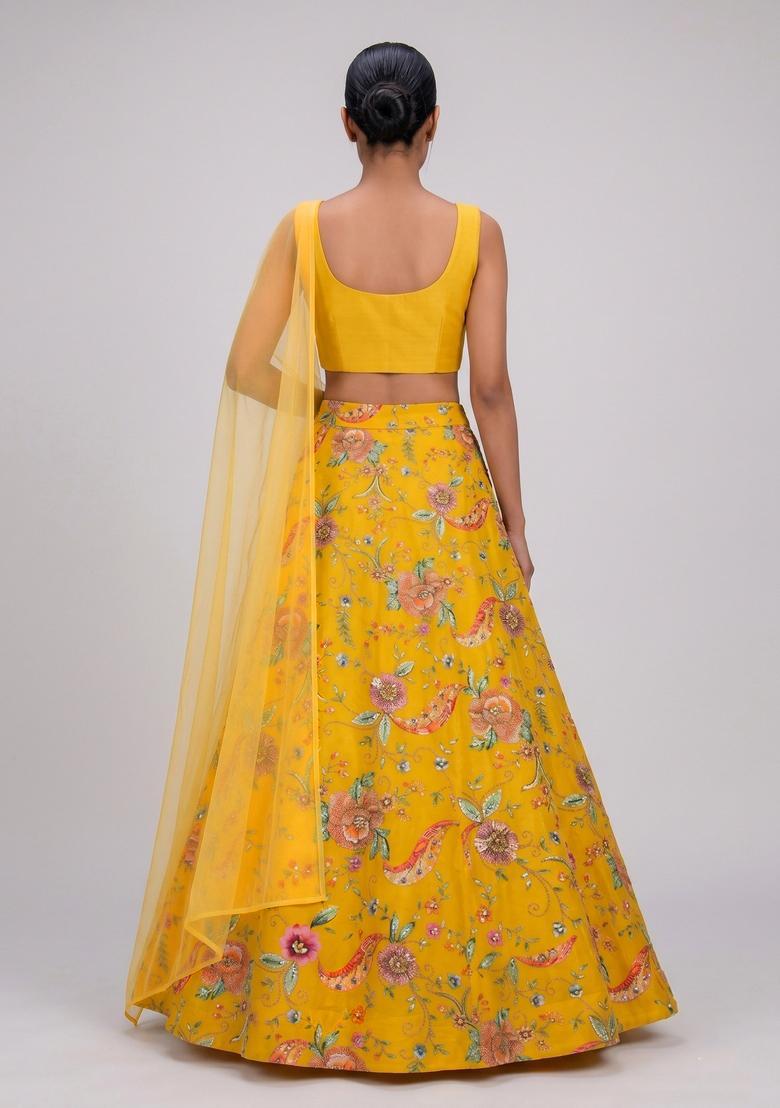 Mustard Printed Crepe Lehenga Set - Indya