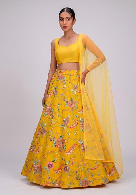 Mustard Printed Crepe Lehenga Set