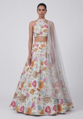 Off White Printed Organza Lehenga Set