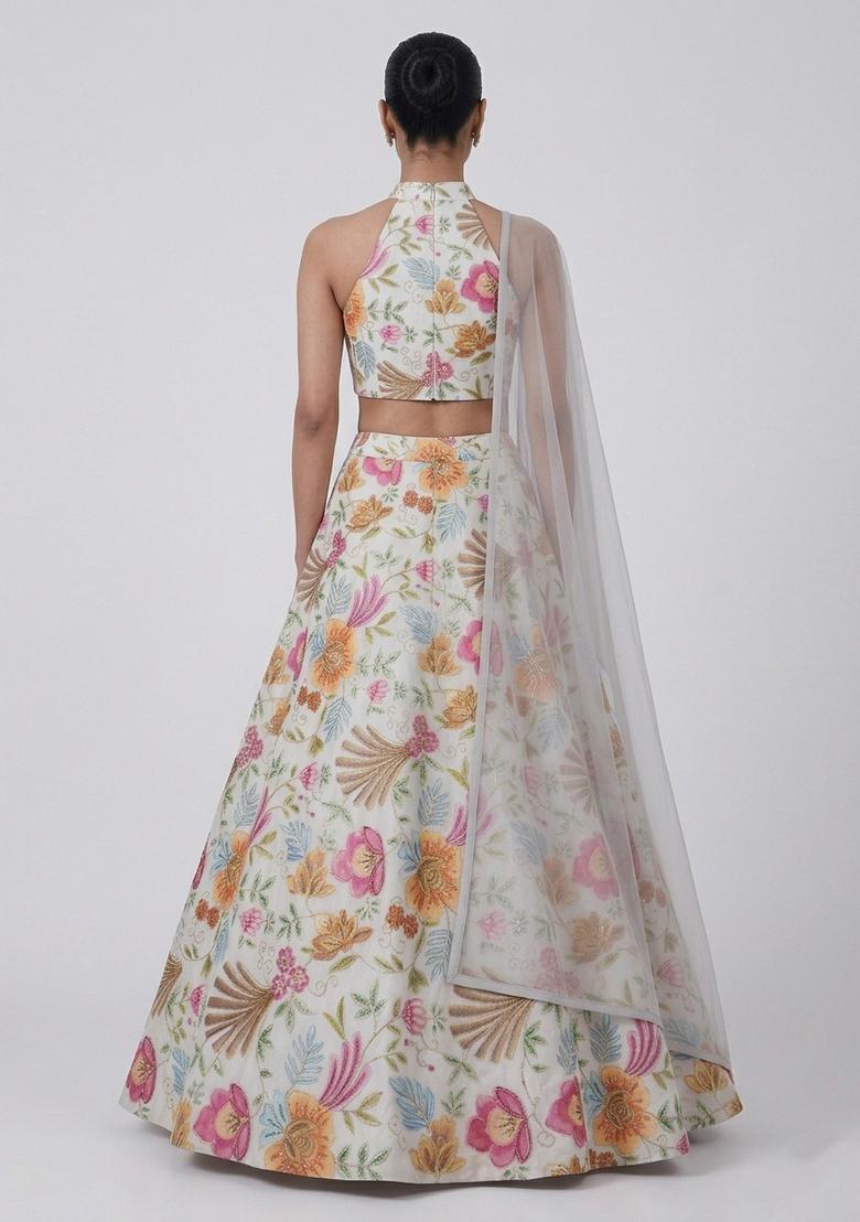 Off White Printed Organza Lehenga Set - Indya