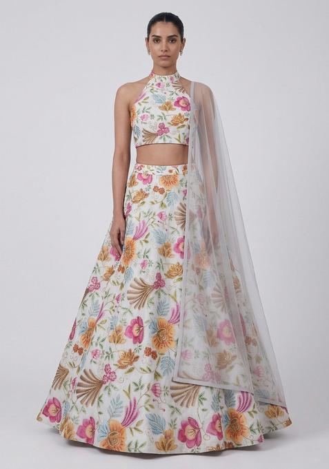 Off White Printed Organza Lehenga Set