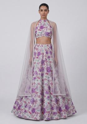 Purple Printed Organza Lehenga Set