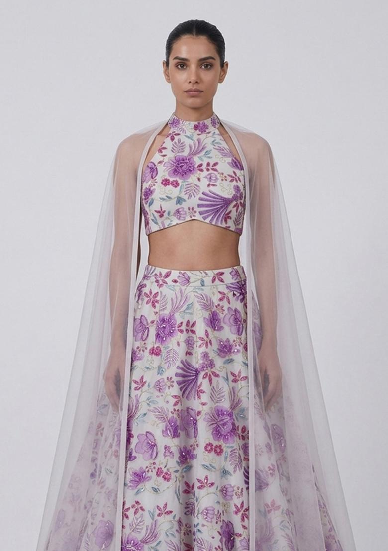 Purple Printed Organza Lehenga Set - Indya