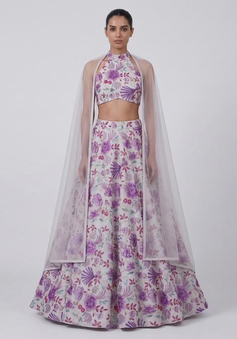 Purple Embroidered Organza Lehenga Set