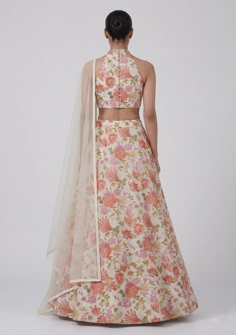 Peach Printed Organza Lehenga Set - Indya
