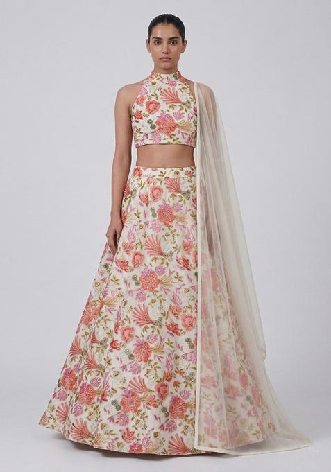 Peach Embroidered Silk Blend Lehenga Set