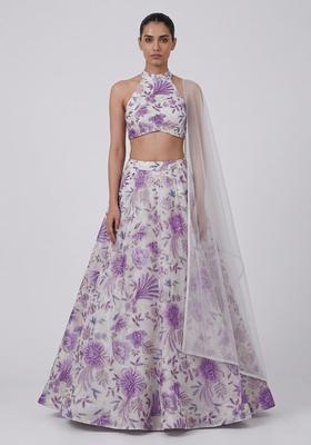 Lilac Printed Organza Lehenga Set