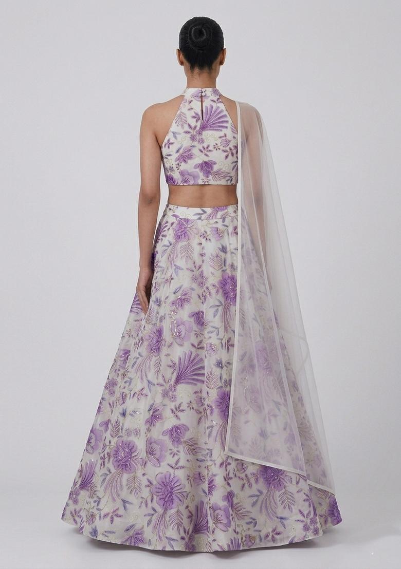 Lilac Printed Organza Lehenga Set - Indya