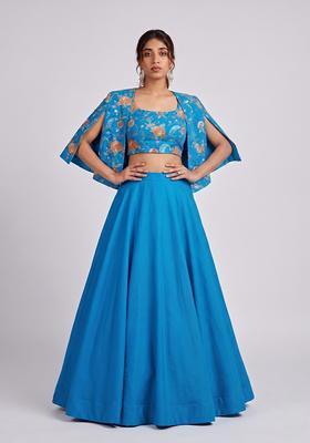 Turquoise Printed Crepe Lehenga Set