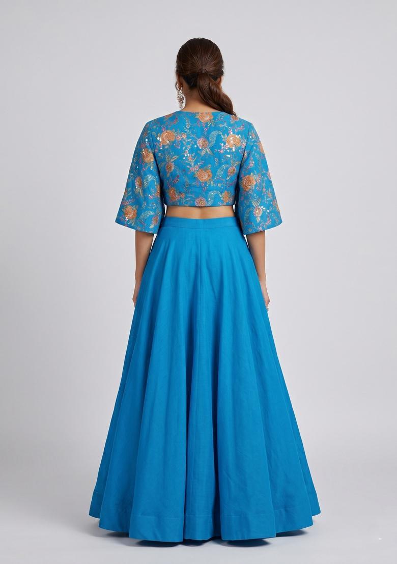 Turquoise Printed Crepe Lehenga Set - Indya