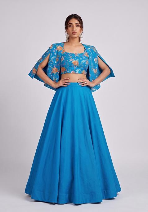 Turquoise Embroidered Silk Blend Lehenga Set