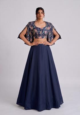 Navy Blue Printed Crepe Lehenga Set