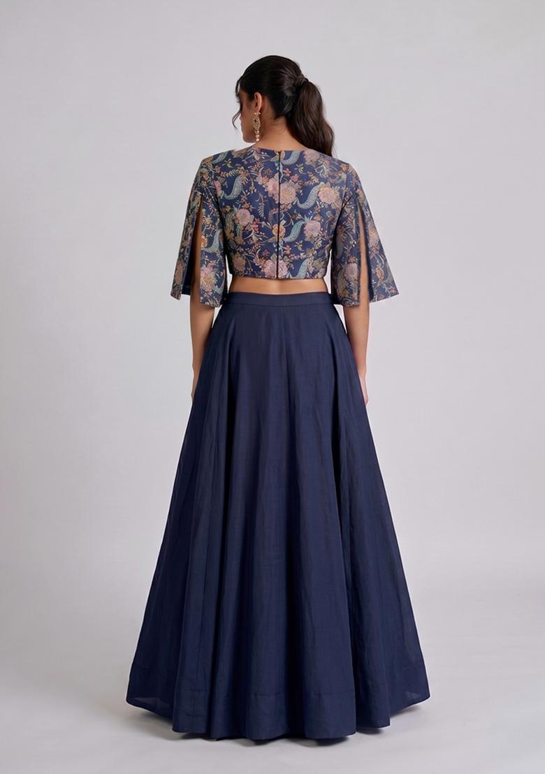 Navy Blue Printed Crepe Lehenga Set - Indya