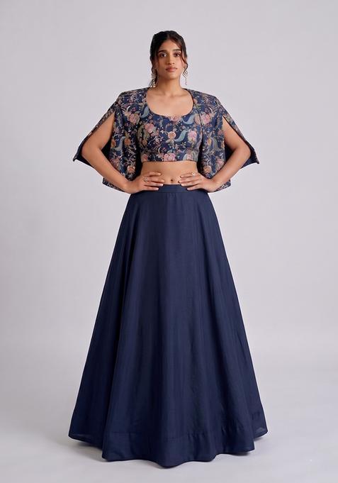 Navy Blue Printed Crepe Lehenga Set