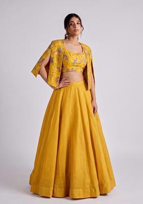 Mustard Printed Crepe Lehenga Set