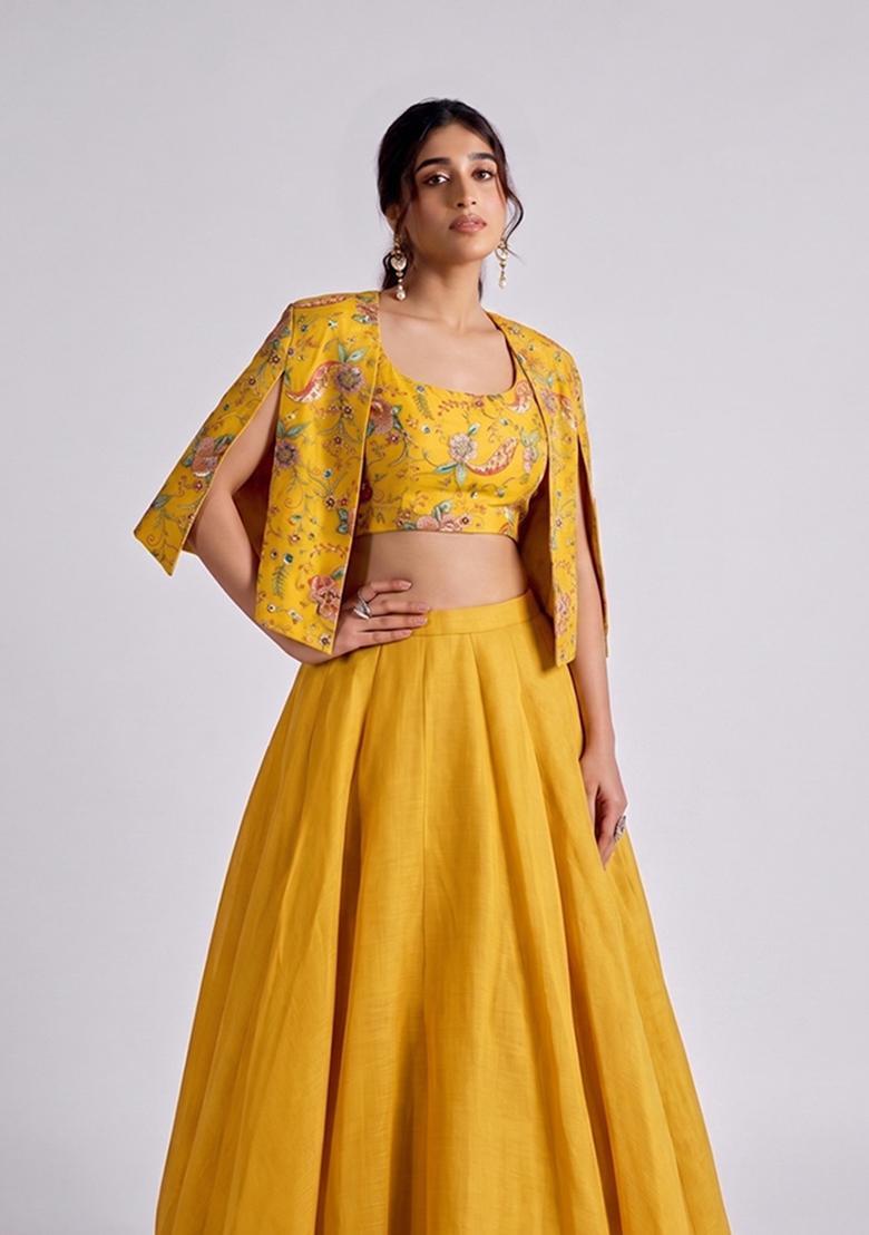 Mustard Printed Crepe Lehenga Set - Indya