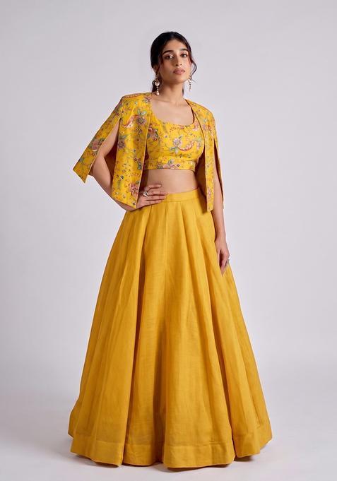 Mustard Embroidered Handwork Silk Blend Lehenga Set