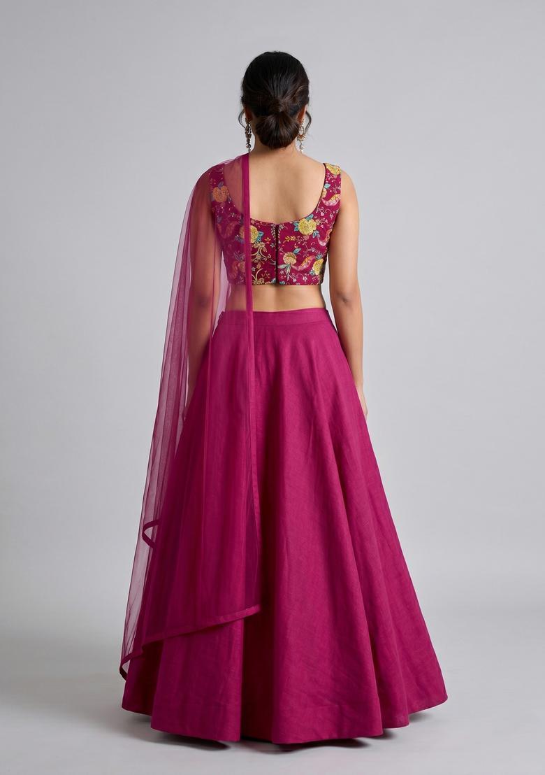 Rani Pink Printed Crepe Lehenga Set - Indya