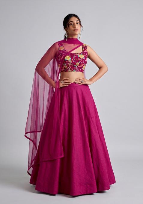 Rani Pink Embroidered Handwork Silk Blend Lehenga Set