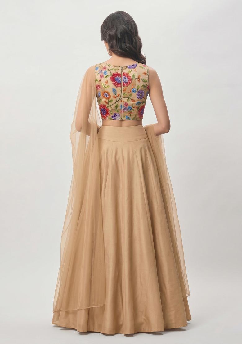 Beige Printed Crepe Lehenga Set - Indya